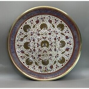 Vintage India Brass Plate Hand Engraved Enameled Floral Round Decorative Tray 8"